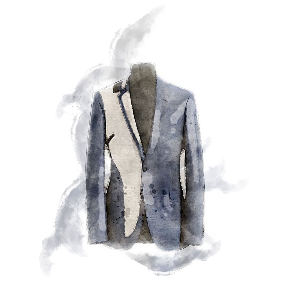 Een schets van een kostuum op maat met accenten in waterverf