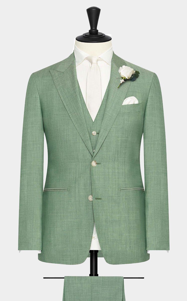 Een driedelig muntgroen trouwkostuum.