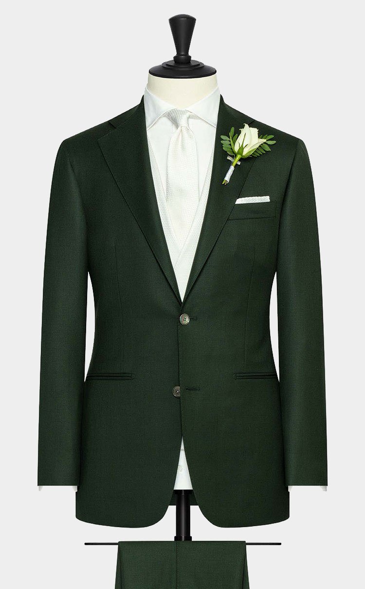 Een donkergroen tweedelig trouwkostuum.